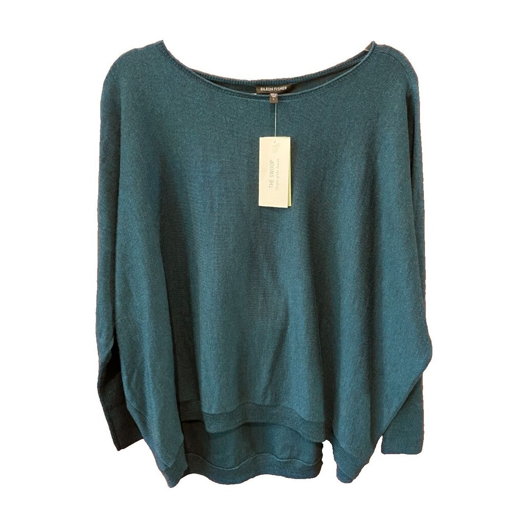 Eileen Fisher Bateau Neck Box Top Sweater Size L Womens NEW Agean Teal Knit Wool